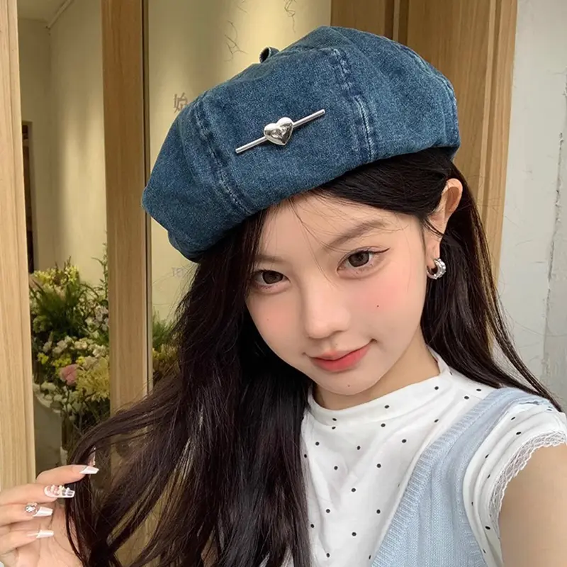 Japanese Retro Women Beret Hats Fashion Heart Spring Autumn Denim Cloud Octagonal Hats Lady Streetwear Artist Painter Hats