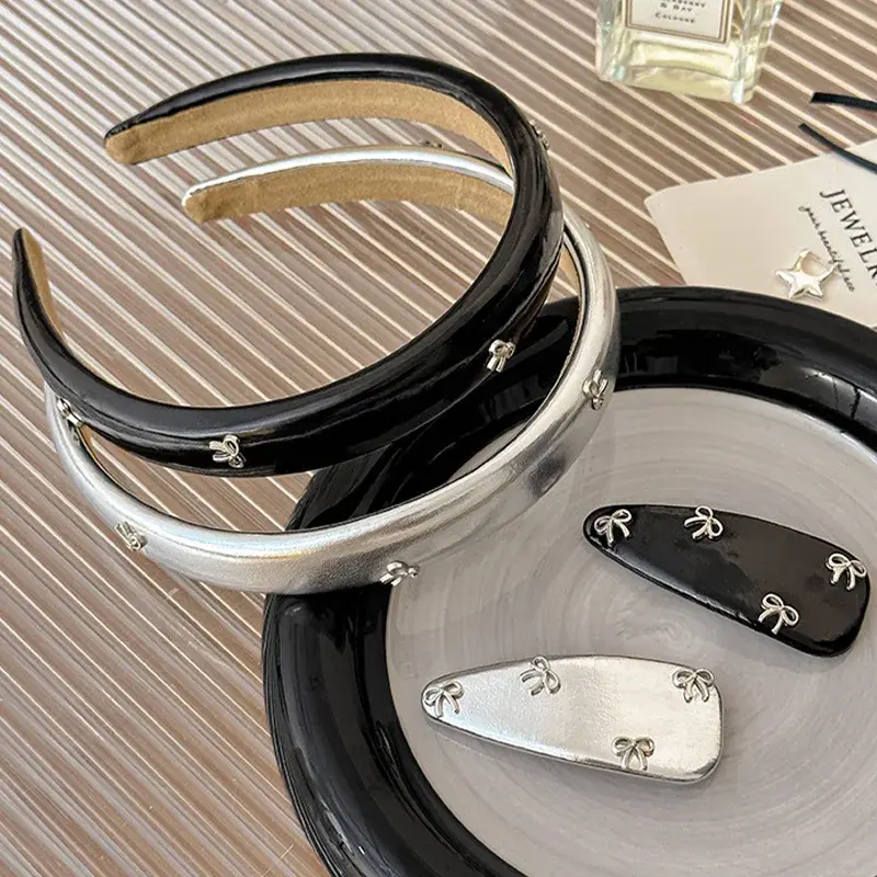 Korean Bow Headwear for Girl Retro PU Leather Bowknot Hair Hoops Bangs Clips Face Washing Hairbands Fashion Hair Accessories