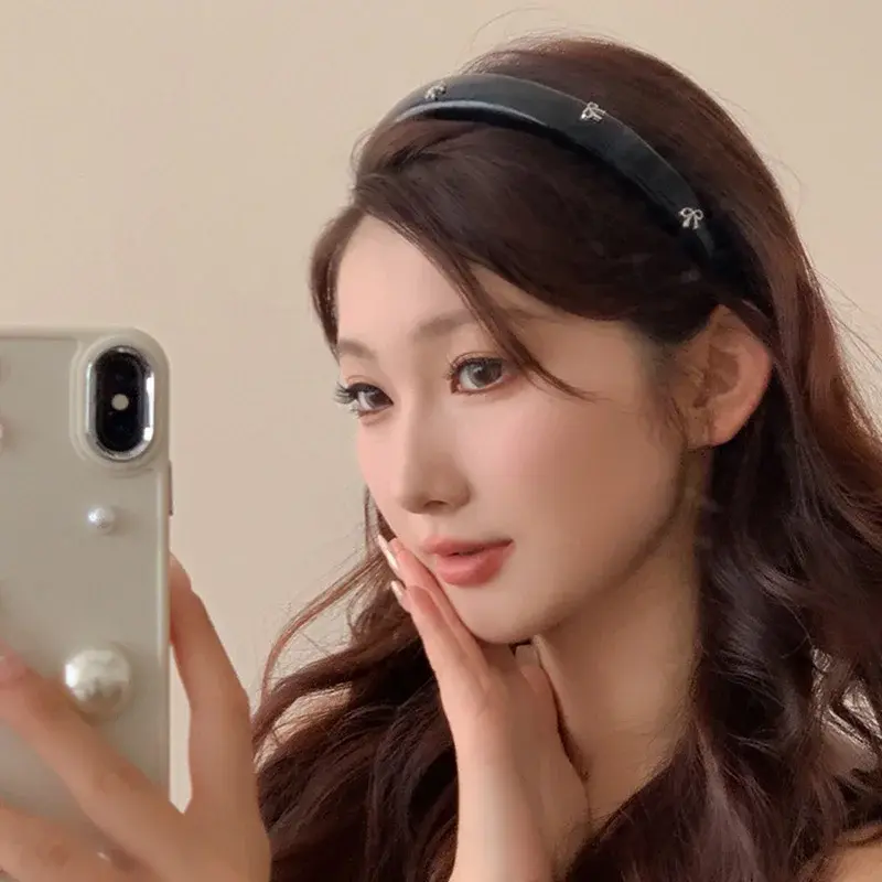 Korean Bow Headwear for Girl Retro PU Leather Bowknot Hair Hoops Bangs Clips Face Washing Hairbands Fashion Hair Accessories