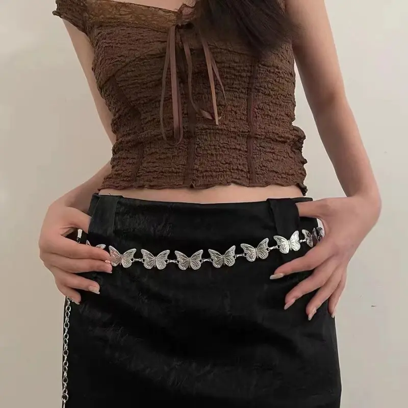 Silver Butterfly Metal Waist Chains for Women Ethnic Long Thin Waistbands Fashion Girl Dress Skirt Decorative Belts