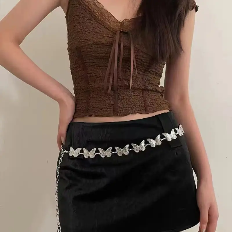 Silver Butterfly Metal Waist Chains for Women Ethnic Long Thin Waistbands Fashion Girl Dress Skirt Decorative Belts
