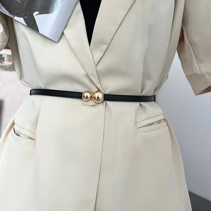 Fashion PU Leather Belts for Women Gold Metal Ball Buckle Adjustable Thin Waistbands Skinny Female Dress Jeans Decorative Straps