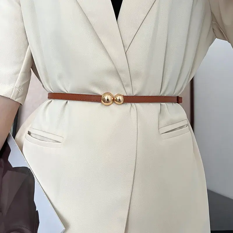 Fashion PU Leather Belts for Women Gold Metal Ball Buckle Adjustable Thin Waistbands Skinny Female Dress Jeans Decorative Straps