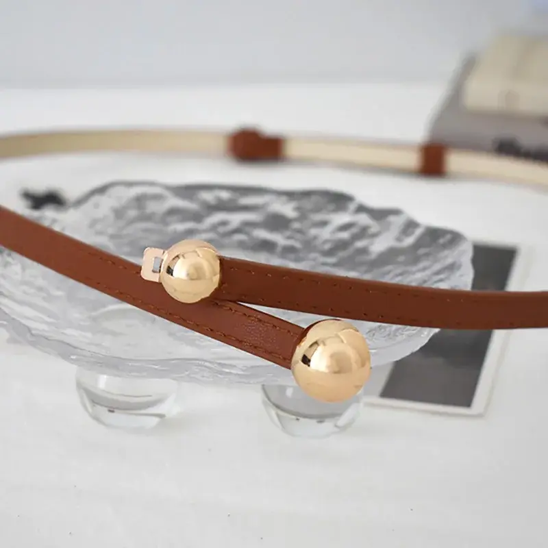 Fashion PU Leather Belts for Women Gold Metal Ball Buckle Adjustable Thin Waistbands Skinny Female Dress Jeans Decorative Straps