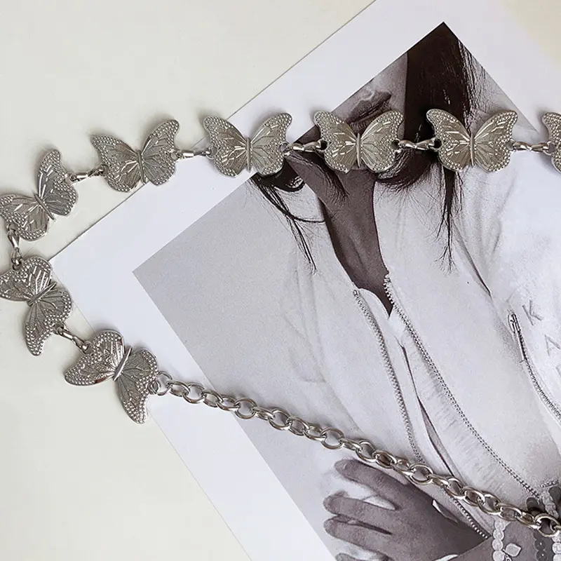 Silver Butterfly Metal Waist Chains for Women Ethnic Long Thin Waistbands Fashion Girl Dress Skirt Decorative Belts