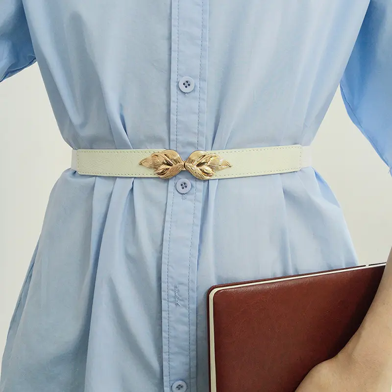 Fashion Leaf Shaped Metal Buckle Belts for Women PU Leather Elastic Waistband Lady Dress Shirt Decorative Straps Girdle
