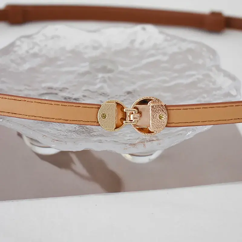 Fashion PU Leather Belts for Women Gold Metal Ball Buckle Adjustable Thin Waistbands Skinny Female Dress Jeans Decorative Straps