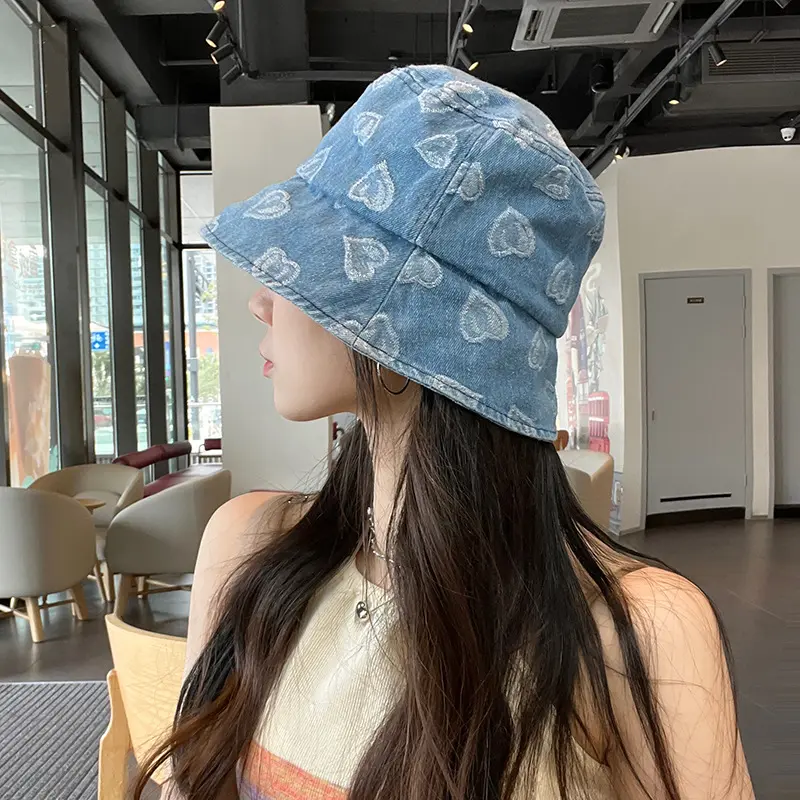 Love Heart Print Denim Bucket Hats for Women Korean Summer Panama Fisherman Caps Outdoor Travel Lady Sunscreen Basin Caps