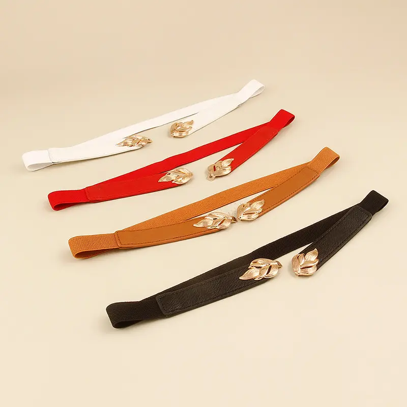 Fashion Leaf Shaped Metal Buckle Belts for Women PU Leather Elastic Waistband Lady Dress Shirt Decorative Straps Girdle