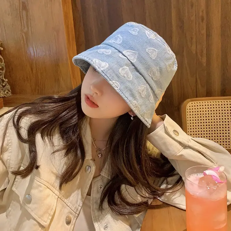 Love Heart Print Denim Bucket Hats for Women Korean Summer Panama Fisherman Caps Outdoor Travel Lady Sunscreen Basin Caps