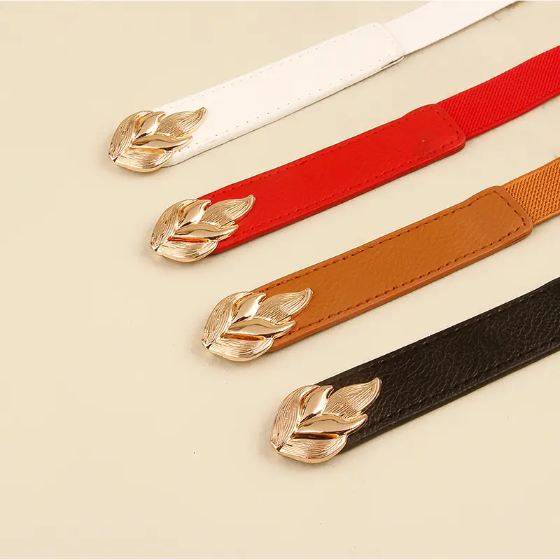 Fashion Leaf Shaped Metal Buckle Belts for Women PU Leather Elastic Waistband Lady Dress Shirt Decorative Straps Girdle