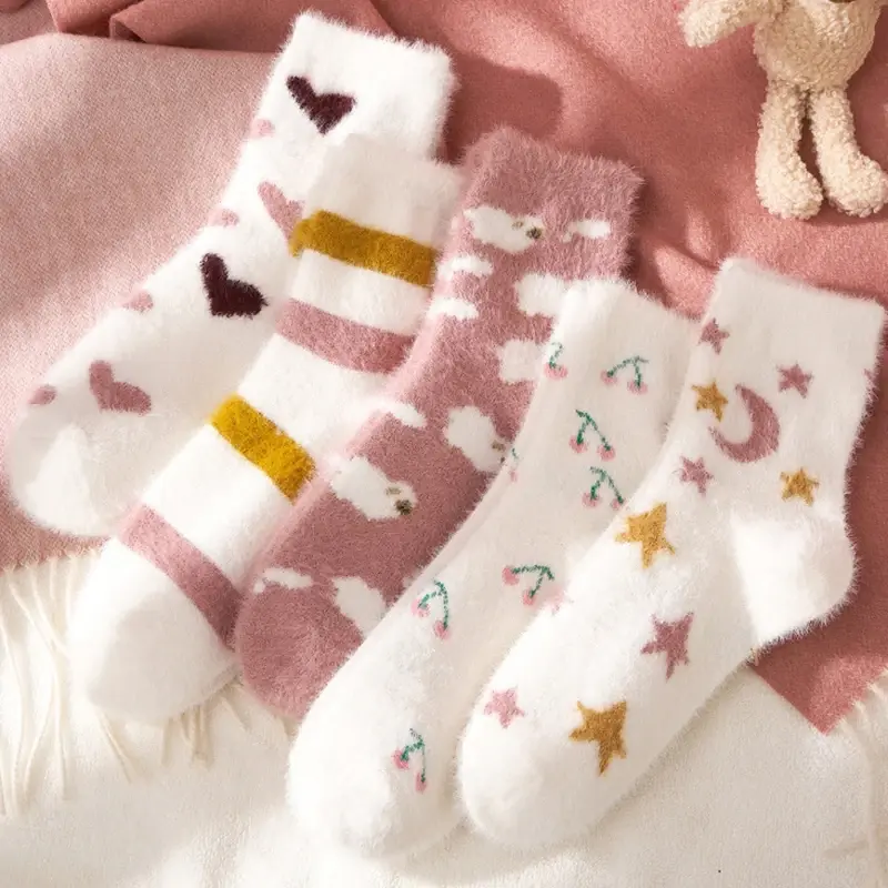 Thick Coral Fleece Socks for Women Winter Plush Warm Middle Tube Sock Cute Print Home Sleep Floor Socks Sweet Girl Socks Sokken