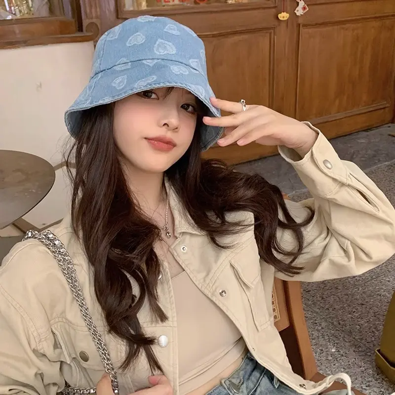 Love Heart Print Denim Bucket Hats for Women Korean Summer Panama Fisherman Caps Outdoor Travel Lady Sunscreen Basin Caps