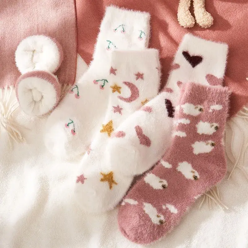 Thick Coral Fleece Socks for Women Winter Plush Warm Middle Tube Sock Cute Print Home Sleep Floor Socks Sweet Girl Socks Sokken