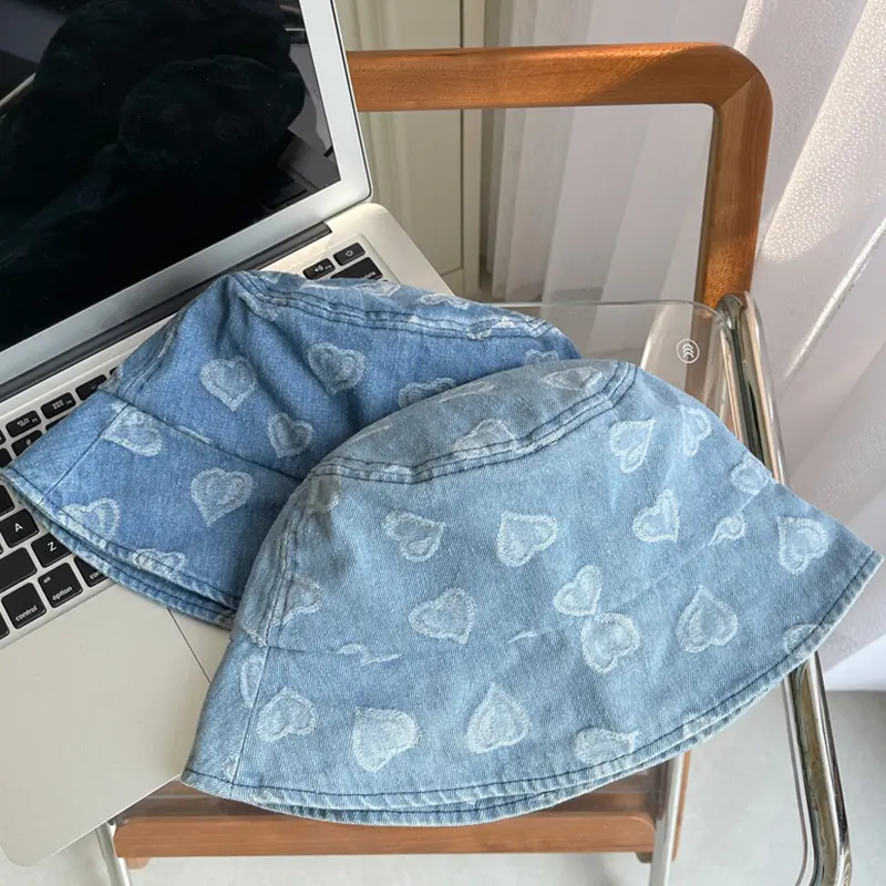 Love Heart Print Denim Bucket Hats for Women Korean Summer Panama Fisherman Caps Outdoor Travel Lady Sunscreen Basin Caps