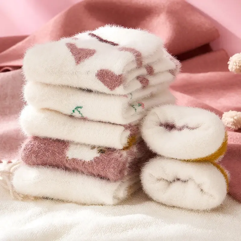 Thick Coral Fleece Socks for Women Winter Plush Warm Middle Tube Sock Cute Print Home Sleep Floor Socks Sweet Girl Socks Sokken