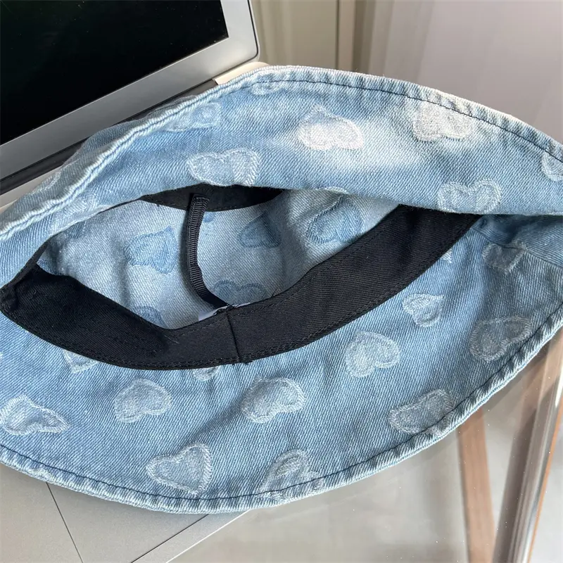 Love Heart Print Denim Bucket Hats for Women Korean Summer Panama Fisherman Caps Outdoor Travel Lady Sunscreen Basin Caps