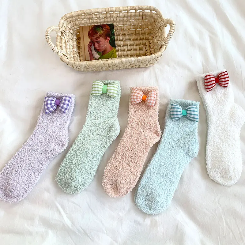 Winter Coral Velvet Socks for Women Cute Bow Thicken Warm Middle Tube Socks Girl Home Sleeping Socks Floor Socks