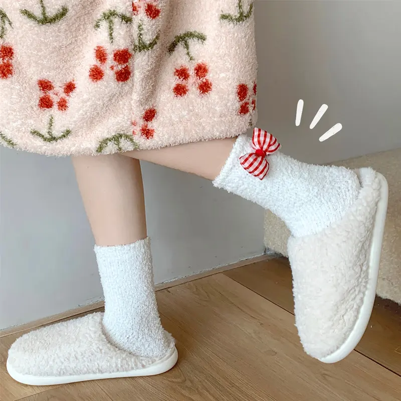 Winter Coral Velvet Socks for Women Cute Bow Thicken Warm Middle Tube Socks Girl Home Sleeping Socks Floor Socks