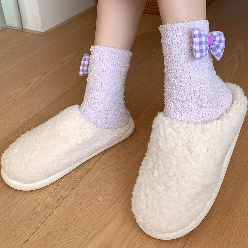 Winter Coral Velvet Socks for Women Cute Bow Thicken Warm Middle Tube Socks Girl Home Sleeping Socks Floor Socks