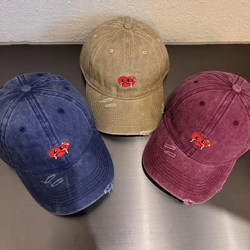 Red Heart Baseball Caps for Women Men Retro Washed Cotton Snapback Hats Spring Summer Outdoor Sunshade Peaked Hats