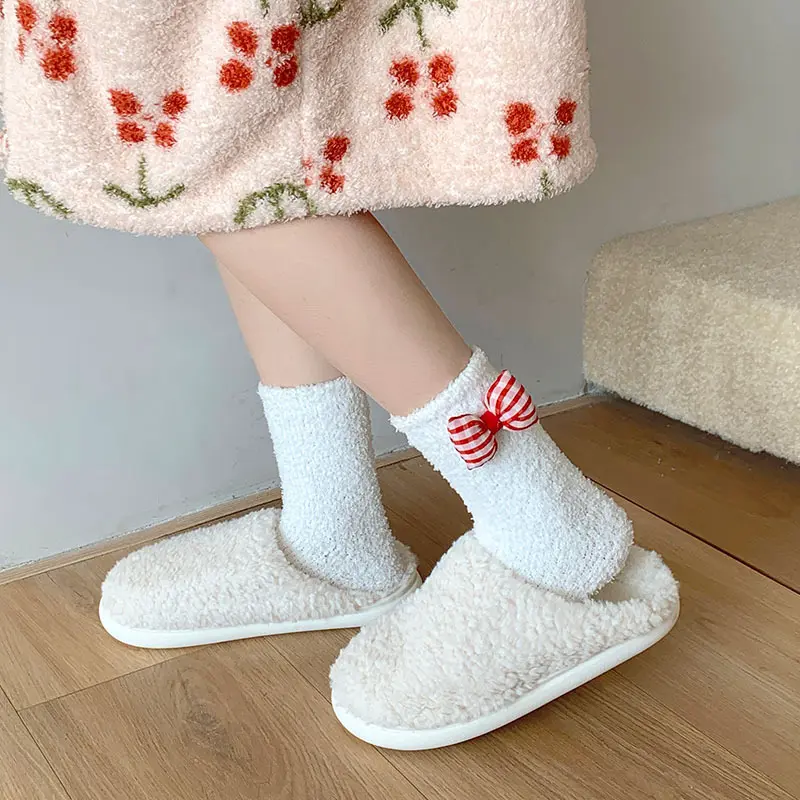 Winter Coral Velvet Socks for Women Cute Bow Thicken Warm Middle Tube Socks Girl Home Sleeping Socks Floor Socks