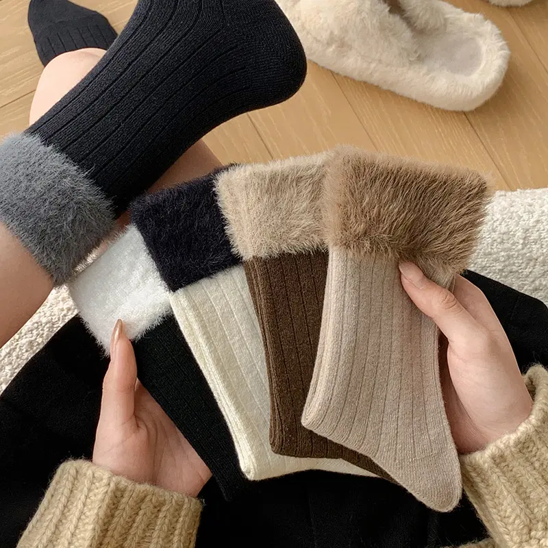 Fashion Patchwork Winter Socks for Women Thicken Mink Plush Anti-Cold Middle Tube Socks Harajuku Girl Home Warm Socks