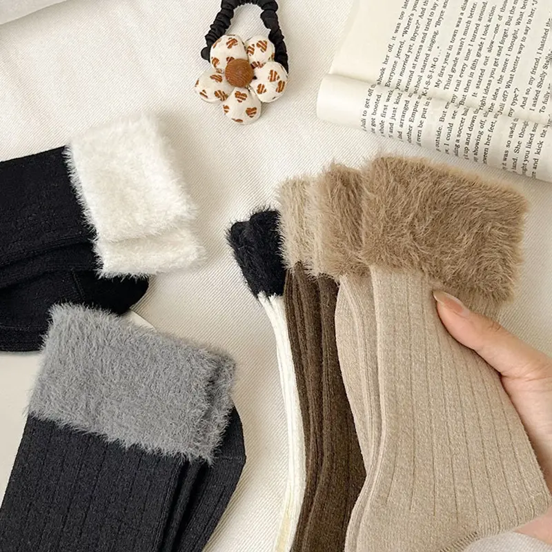 Fashion Patchwork Winter Socks for Women Thicken Mink Plush Anti-Cold Middle Tube Socks Harajuku Girl Home Warm Socks