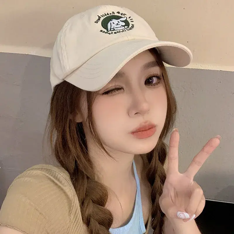 Soft Top Baseball Caps for Women Cute Cartoon Rabbit Solid Color Snapback Peaked Hats Korean Girl Outdoor Sunshade Hats
