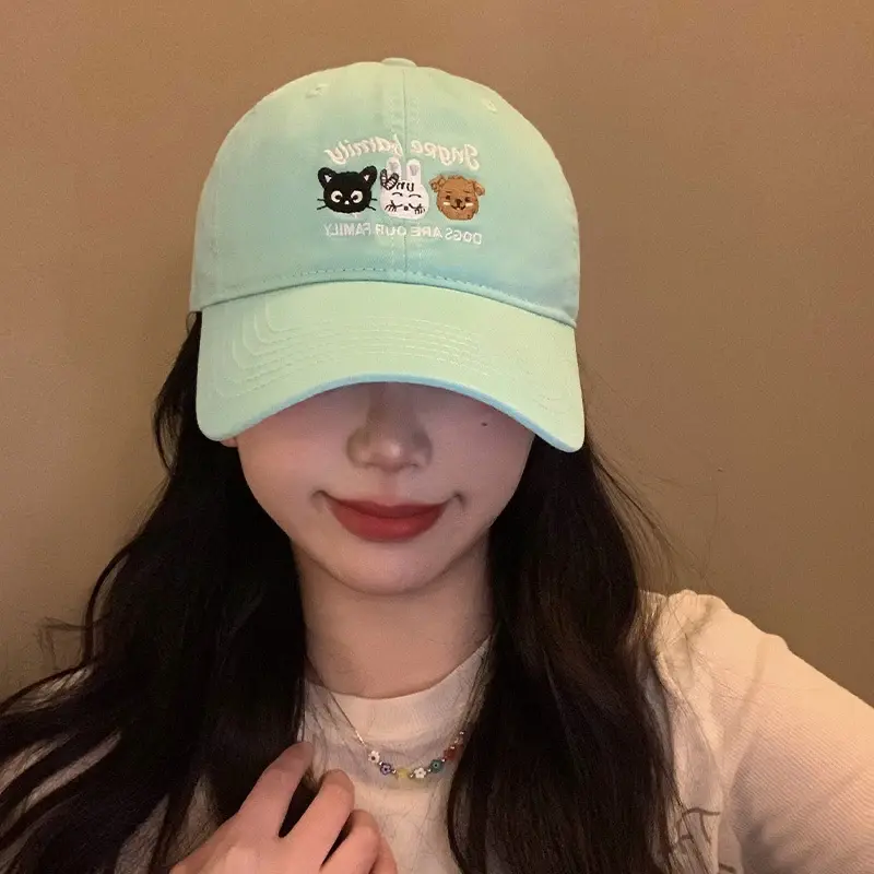 Cartoon Cat Embroidery Women Baseball Caps Korean Solid Color Cotton Duck Tongue Caps Wide Brim Outdoor Sunshade Peaked Hats