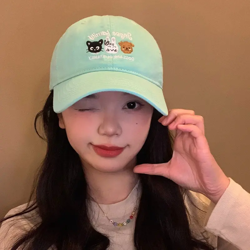 Cartoon Cat Embroidery Women Baseball Caps Korean Solid Color Cotton Duck Tongue Caps Wide Brim Outdoor Sunshade Peaked Hats