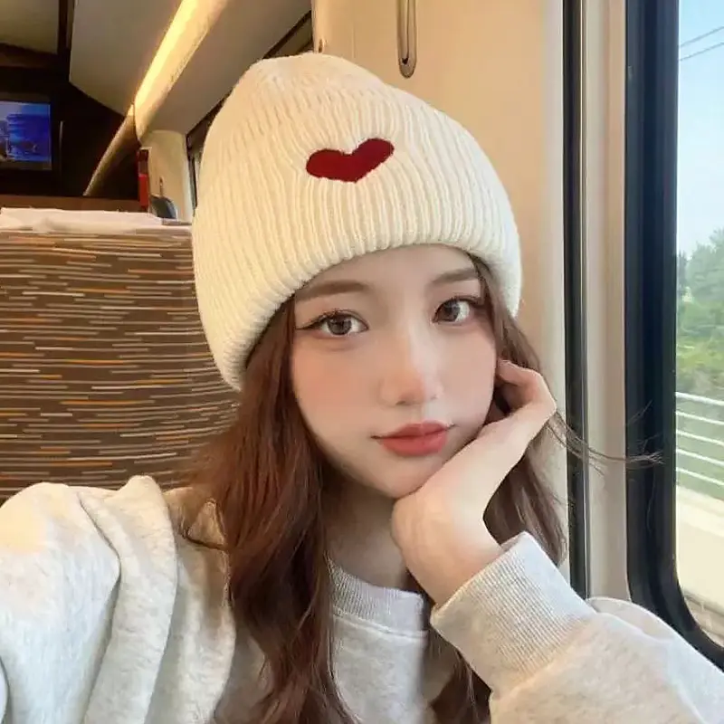 Heart Embroidery Warm Knitted Hats for Women Japanese Simple Outdoor Anti-Cold Ear Protection Hats Student Windproof Woolen Caps