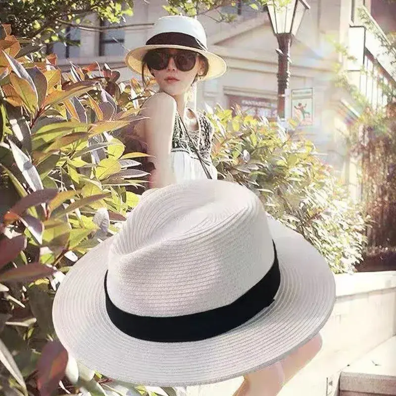 Black Ribbon Jazz Straw Hats for Women Summer Travel Beach UV Protection Fisherman Caps Breathable Outdoor Lady Panama Sun Hats