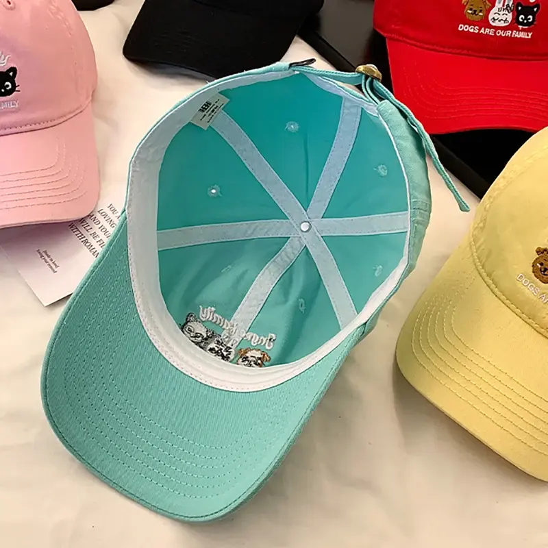 Cartoon Cat Embroidery Women Baseball Caps Korean Solid Color Cotton Duck Tongue Caps Wide Brim Outdoor Sunshade Peaked Hats