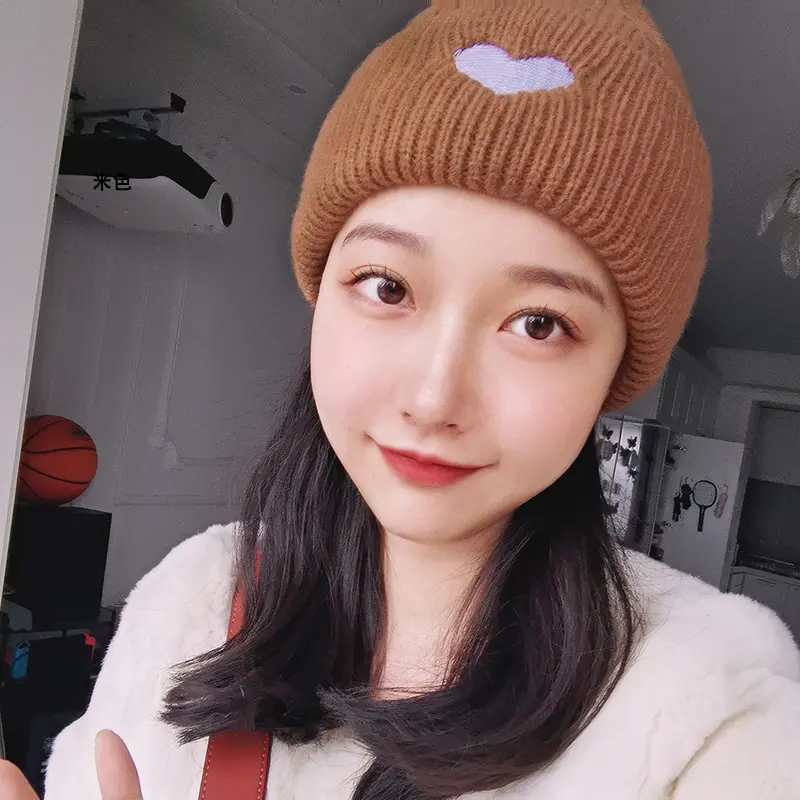 Heart Embroidery Warm Knitted Hats for Women Japanese Simple Outdoor Anti-Cold Ear Protection Hats Student Windproof Woolen Caps