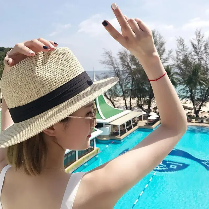 Black Ribbon Jazz Straw Hats for Women Summer Travel Beach UV Protection Fisherman Caps Breathable Outdoor Lady Panama Sun Hats