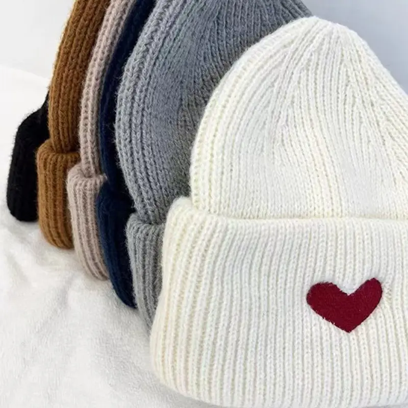 Heart Embroidery Warm Knitted Hats for Women Japanese Simple Outdoor Anti-Cold Ear Protection Hats Student Windproof Woolen Caps
