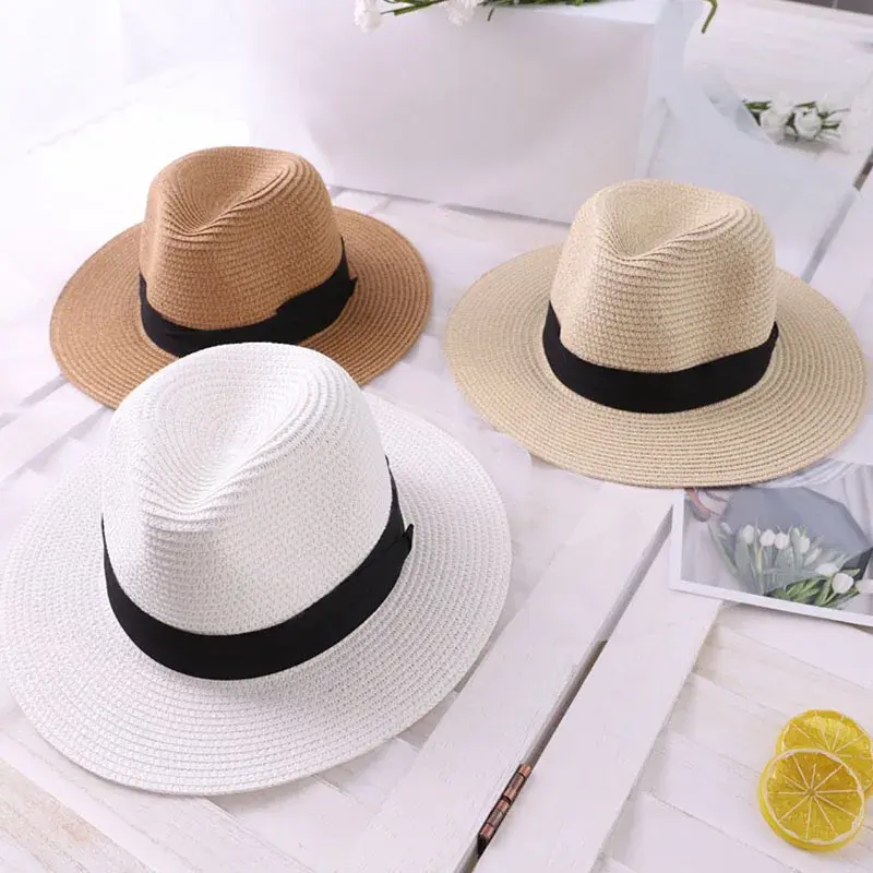 Black Ribbon Jazz Straw Hats for Women Summer Travel Beach UV Protection Fisherman Caps Breathable Outdoor Lady Panama Sun Hats