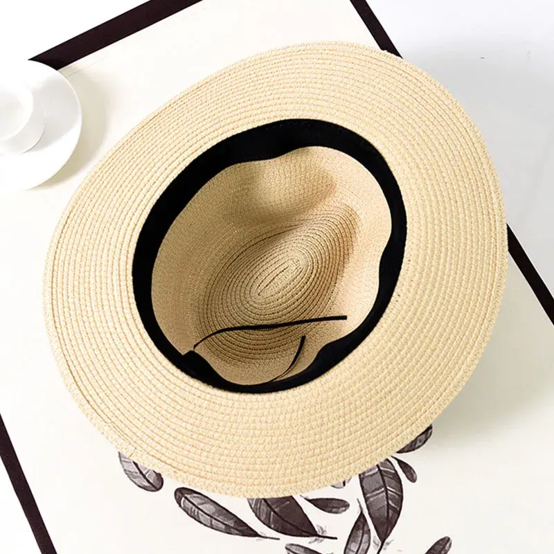 Black Ribbon Jazz Straw Hats for Women Summer Travel Beach UV Protection Fisherman Caps Breathable Outdoor Lady Panama Sun Hats
