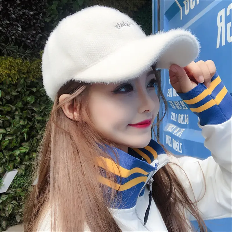 Autumn Winter Women Warm Baseball Cap Solid Color Rabbit Faux Fur Letter Peaked Caps Female Girls Outdoor Casual Sun Visor Hat