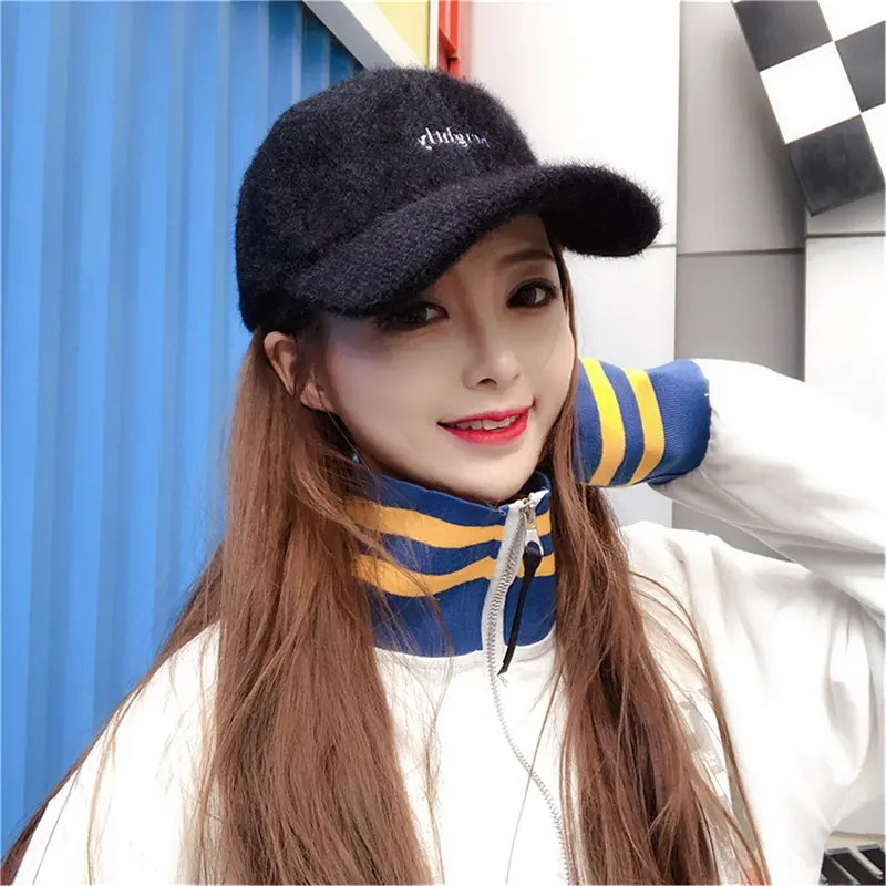 Autumn Winter Women Warm Baseball Cap Solid Color Rabbit Faux Fur Letter Peaked Caps Female Girls Outdoor Casual Sun Visor Hat