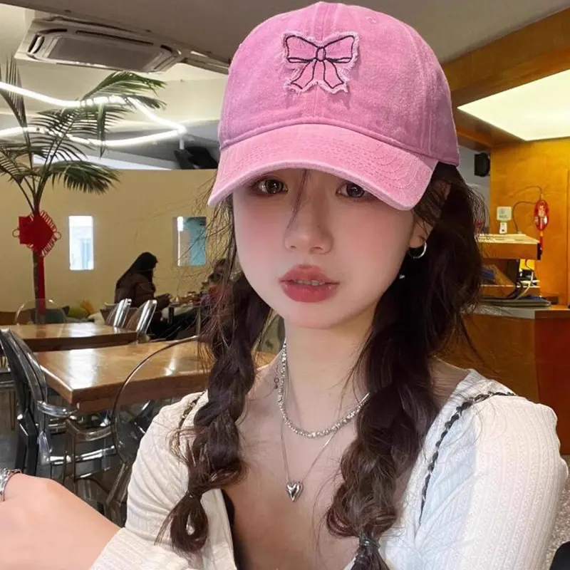 Pink Bow Baseball Caps for Women Retro Washed Cotton Duck Tongue Caps Korean Girl Soft Top Sunscreen Duckbill Hats