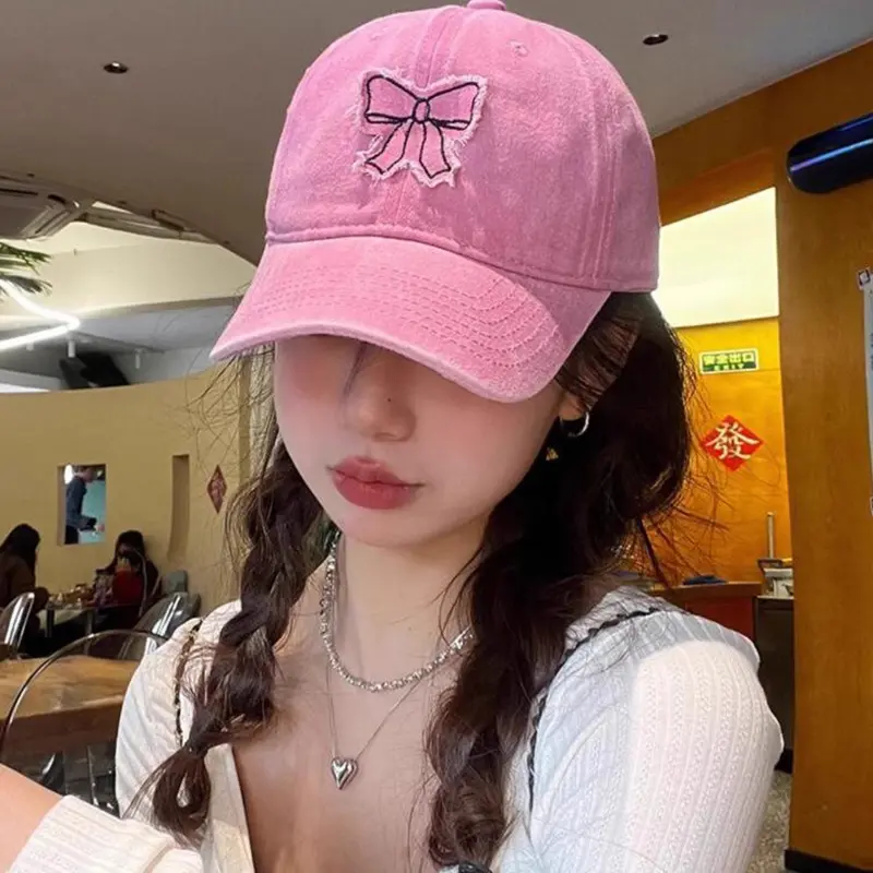 Pink Bow Baseball Caps for Women Retro Washed Cotton Duck Tongue Caps Korean Girl Soft Top Sunscreen Duckbill Hats