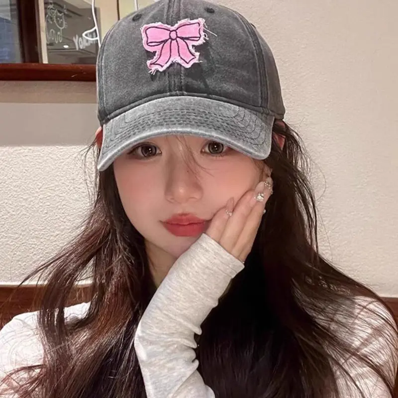 Pink Bow Baseball Caps for Women Retro Washed Cotton Duck Tongue Caps Korean Girl Soft Top Sunscreen Duckbill Hats