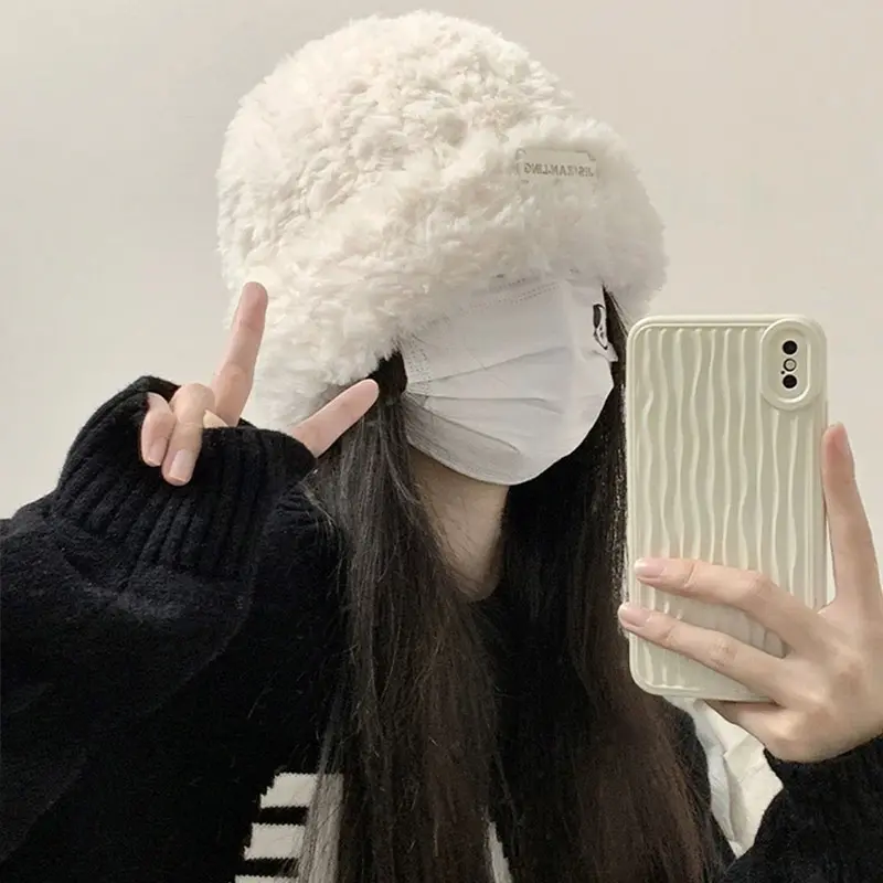 Winter New Thick Warm Plush Women Hat Solid Color Soft Thicken Plush Beanies Hat Korean Ladies Girls Ski Skate Ear Warm Caps