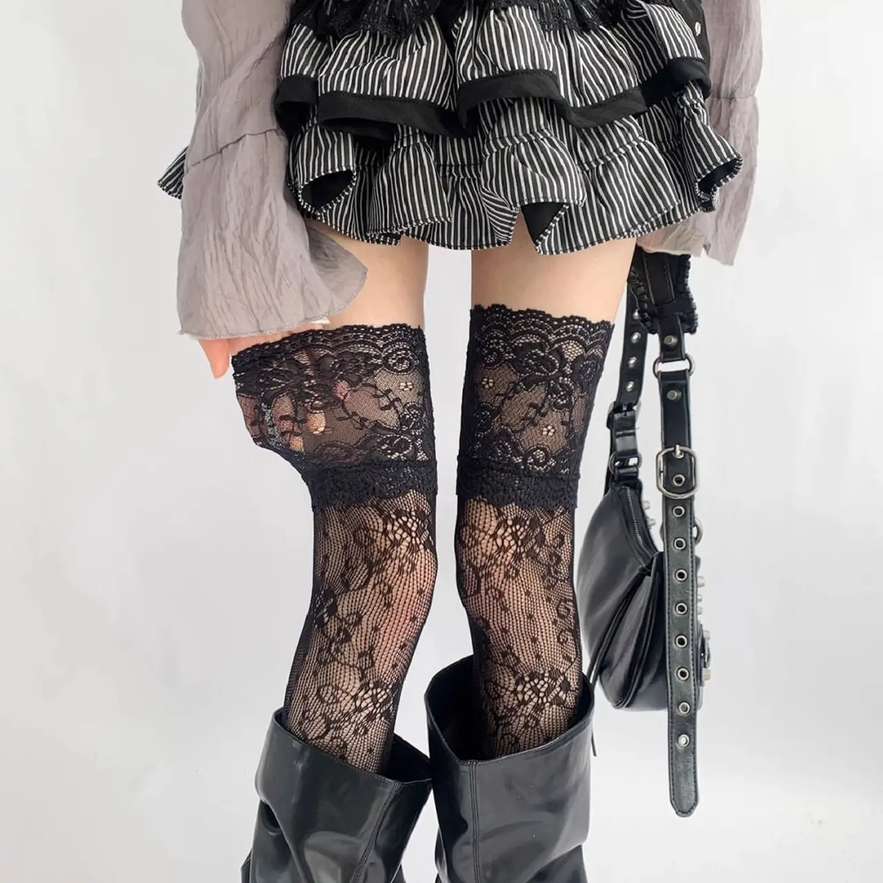 Summer Lace Ruffle Stockings for Women Hollow Embroidery Mesh Thin Tights Long Socks Jk Lolita Girl over Knee High Socks