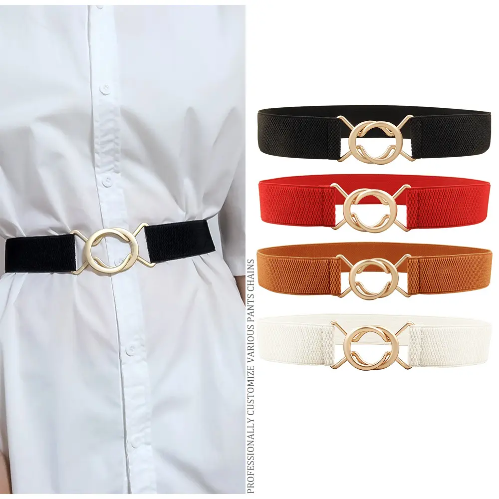 Fashion Solid Color Elastic Belts for Women Gold Round Metal Buckle Waistband Lady Dress Coat Decorative Straps
