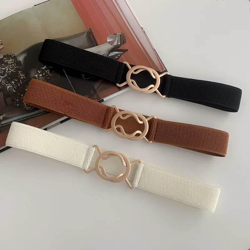 Fashion Solid Color Elastic Belts for Women Gold Round Metal Buckle Waistband Lady Dress Coat Decorative Straps