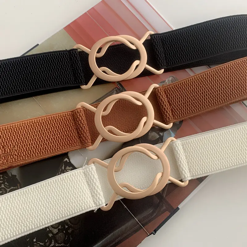 Fashion Solid Color Elastic Belts for Women Gold Round Metal Buckle Waistband Lady Dress Coat Decorative Straps
