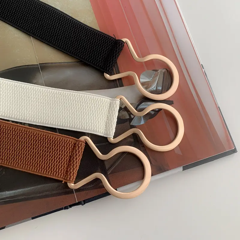 Fashion Solid Color Elastic Belts for Women Gold Round Metal Buckle Waistband Lady Dress Coat Decorative Straps